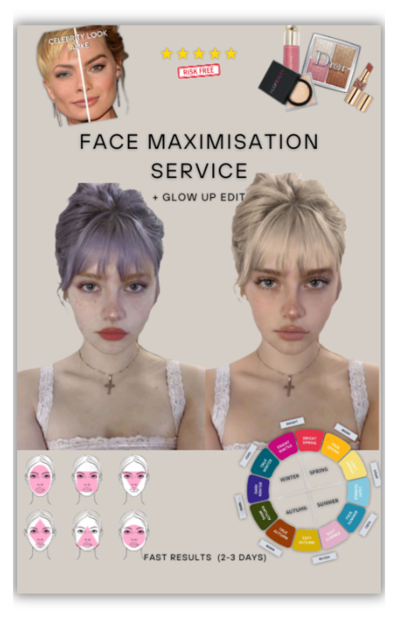 Face Maximisation Service ( All Inclusive: Edit + Colour Analysis + Ideal Makeup + Ideal Hair Style & Colour + Face Shape + Advice + more )